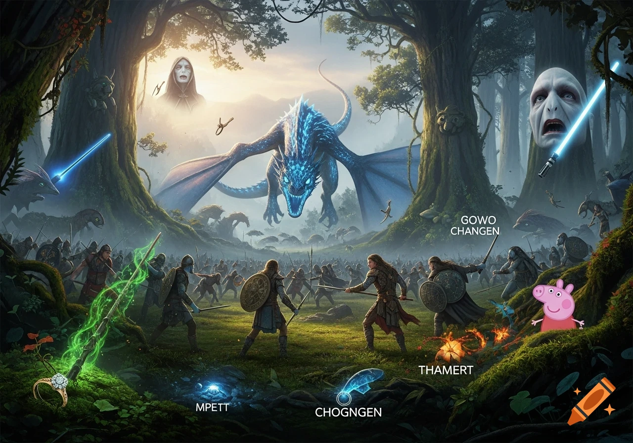 An epic fantasy battle scene in a forest clearing featuring warriors fighting a blue dragon, with various pop culture elements like Voldemort, Peppa Pig, and a lightsaber hidden throughout.