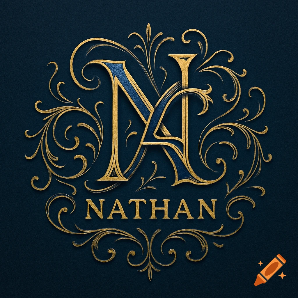 An ornate gold and blue monogram featuring the intertwined letters "NA", surrounded by golden flourishes, with the name "NATHAN" below, on a dark blue background.