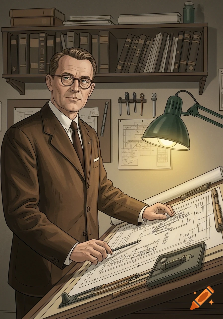A vintage drawn portrait of an engineer in glasses and a suit, standing at a drafting table with schematics and a desk lamp.