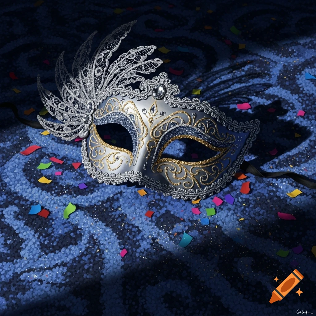Intricate silver and gold masquerade mask on a dark blue glittery carpet with scattered colorful confetti.