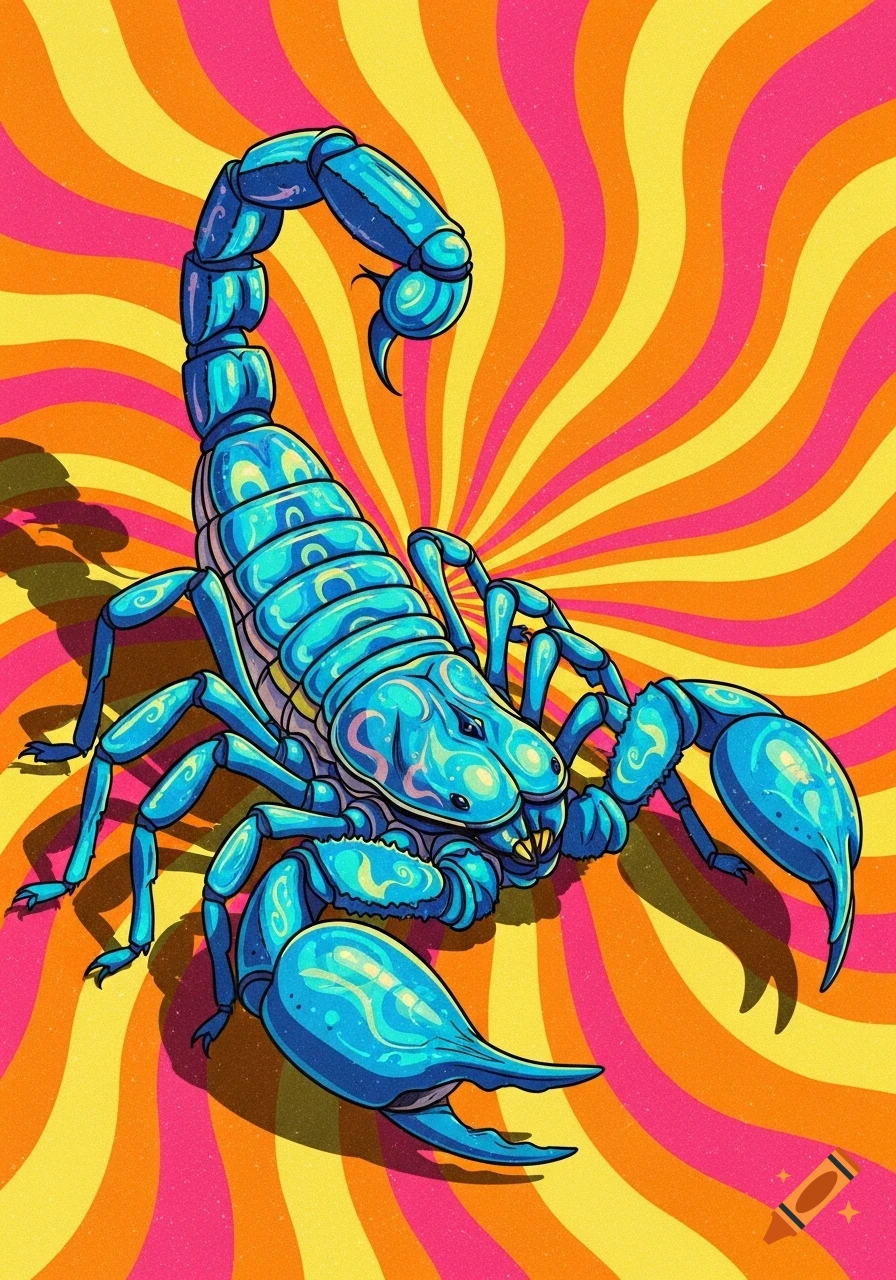 A vibrant blue scorpion with ornate patterns against a swirling orange, yellow, and pink psychedelic background.