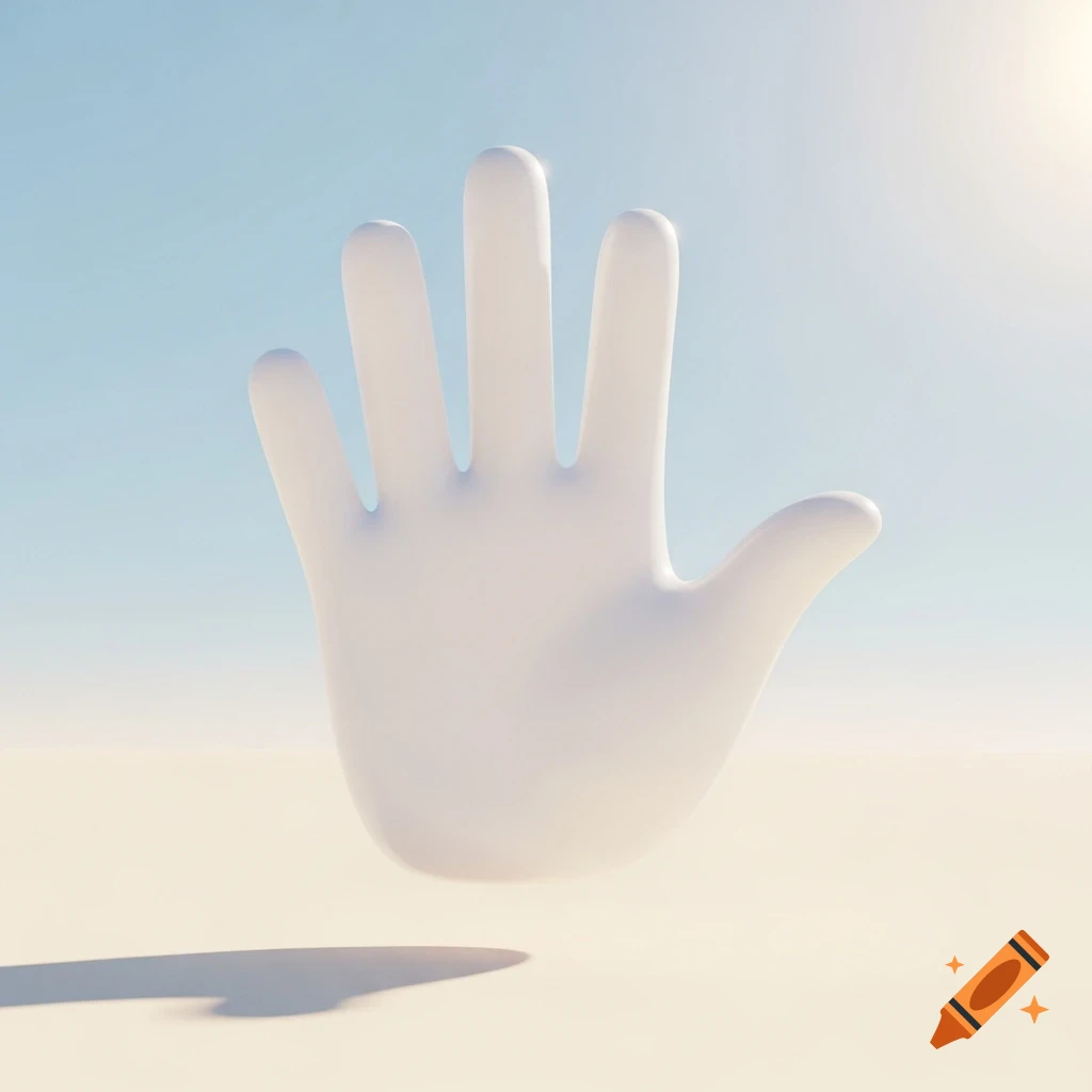 A bright white, stylized hand emoji with four fingers, casting a shadow on a light beige surface under a blue sky.