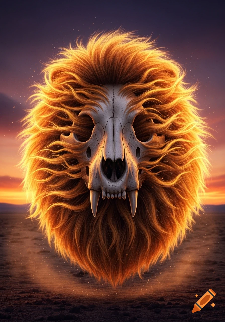 Stylized lion skull with a glowing orange mane against a dramatic sunset sky.