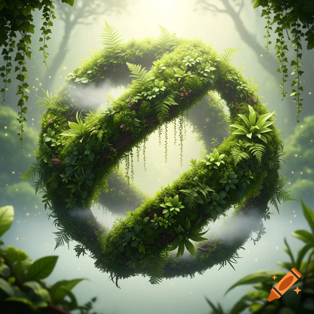 A mystical circular wreath of lush green plants, vines, and ferns floats in a misty, ethereal forest with sparkling light.