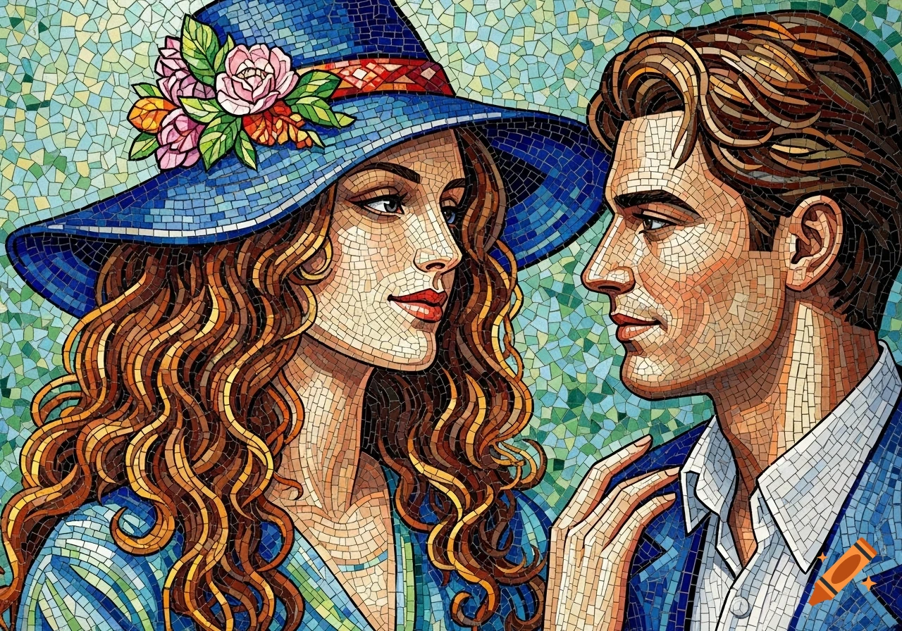 Colorful mosaic of a man and a woman in a hat, with long curly hair, looking at each other lovingly.