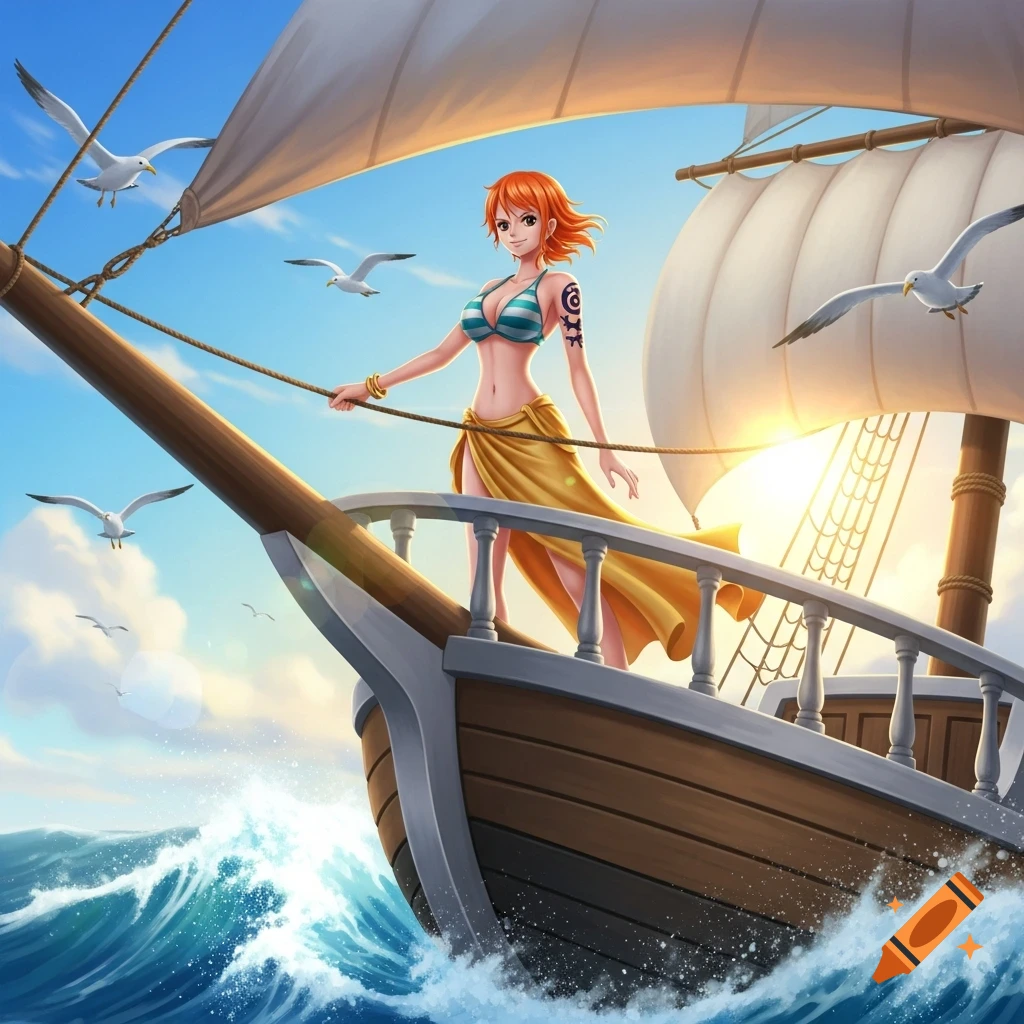 Nami from One Piece stands on the bow of a sailing ship, wearing a striped bikini and a yellow skirt, under a blue sky with seagulls.