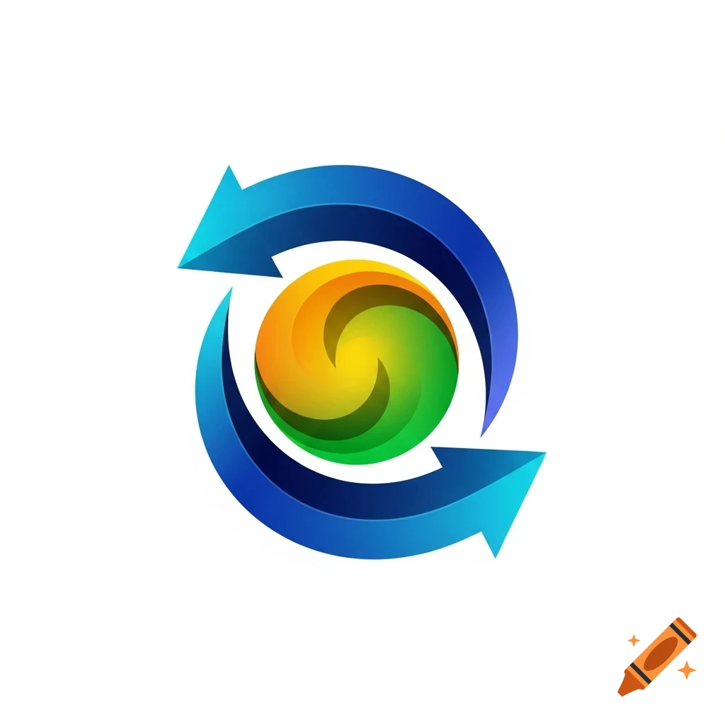 Abstract logo with a swirling green and yellow sphere at the center, surrounded by two blue arrows.