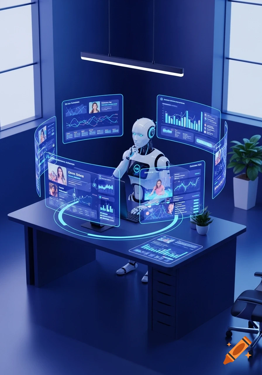 A white humanoid robot with glowing blue eyes sits at a desk ...