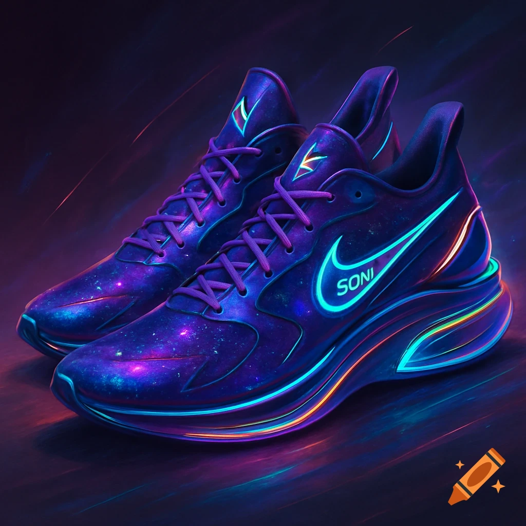 A pair of glowing purple and blue futuristic sneakers with neon accents and a galaxy pattern.