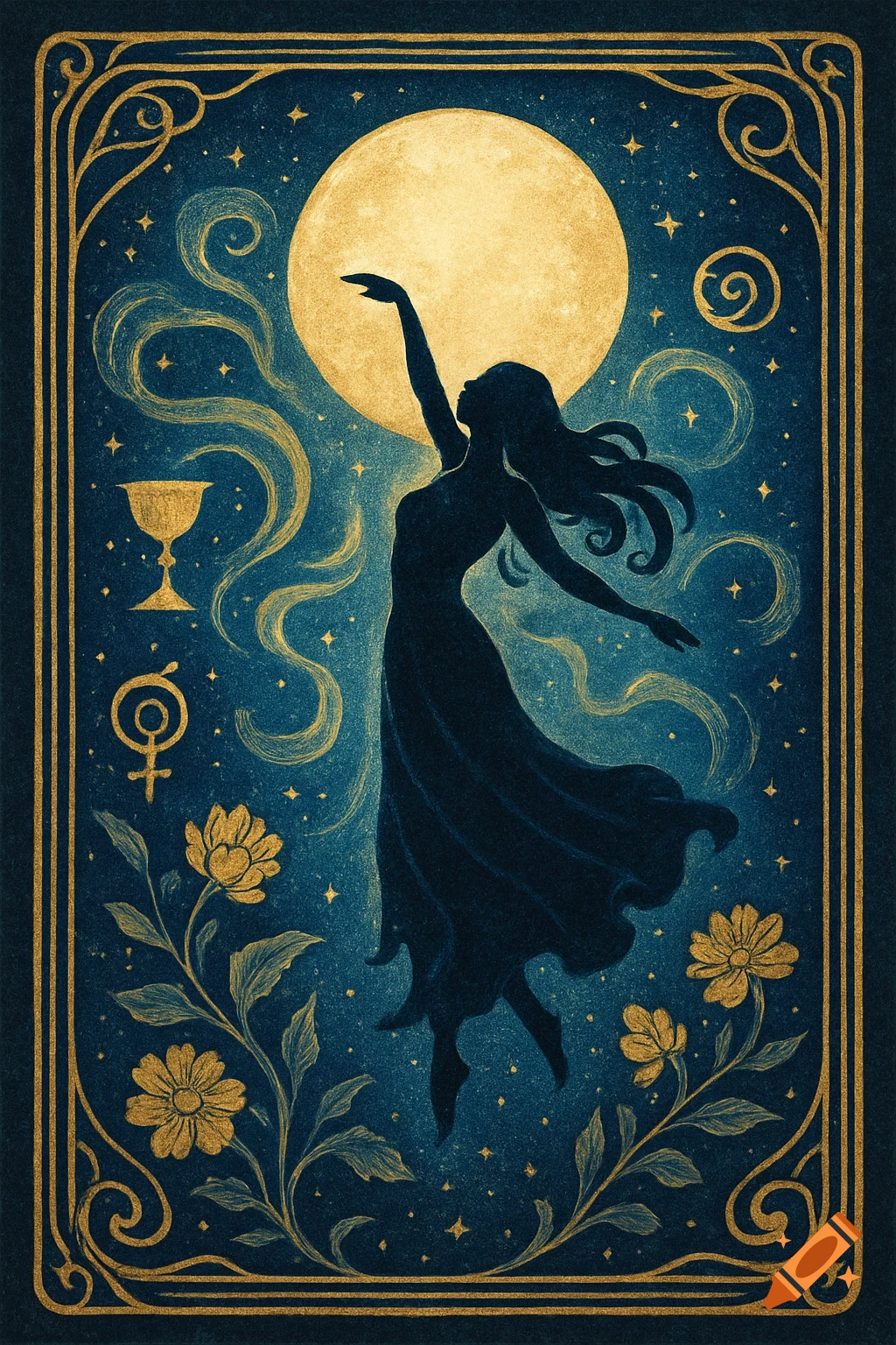 Art Nouveau illustration of a woman's silhouette dancing under a full moon, with golden mystical symbols and flowers on a deep blue background.
