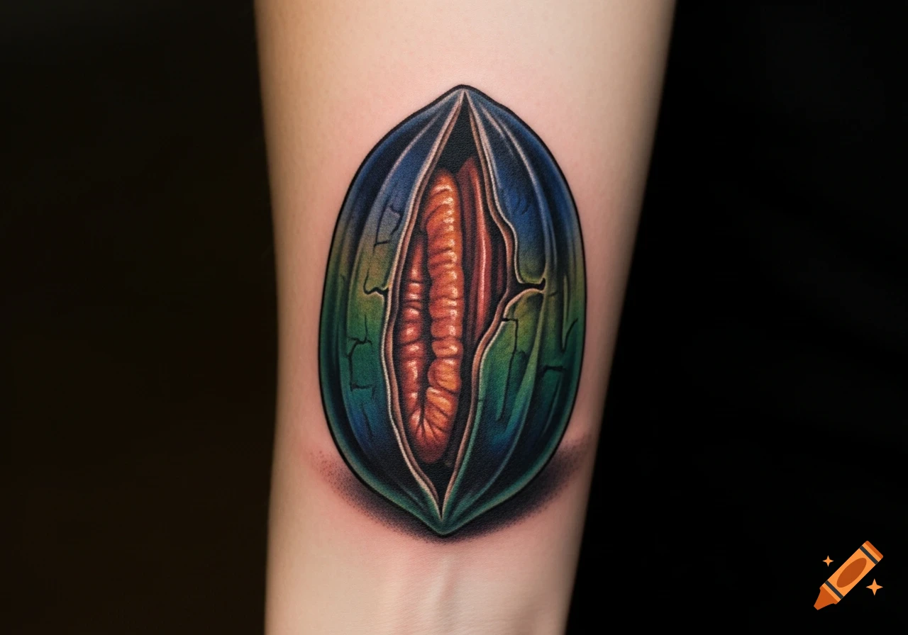A vibrant, stylized Texas pecan tattoo with dark blue, green, and orange hues on a person's light-skinned arm.
