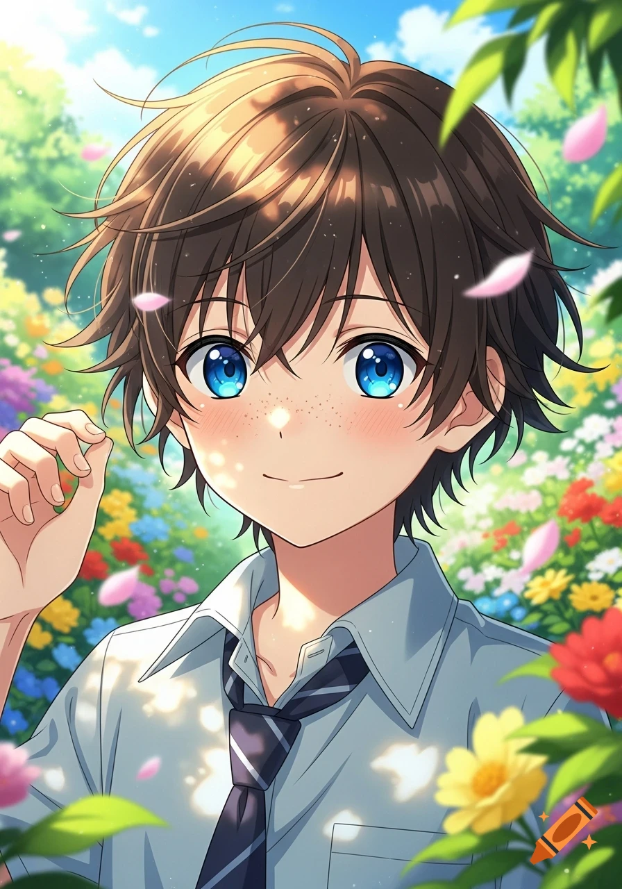 Anime boy with brown hair, blue eyes, and freckles, smiling in a sunny flower field.