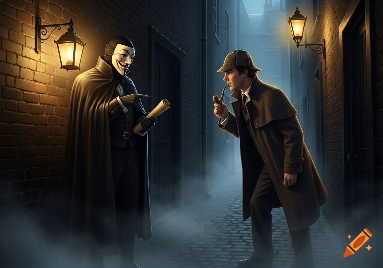 A Guy Fawkes masked figure points at a Sherlock Holmes-like detective holding a pipe in a foggy, gas-lit alley.