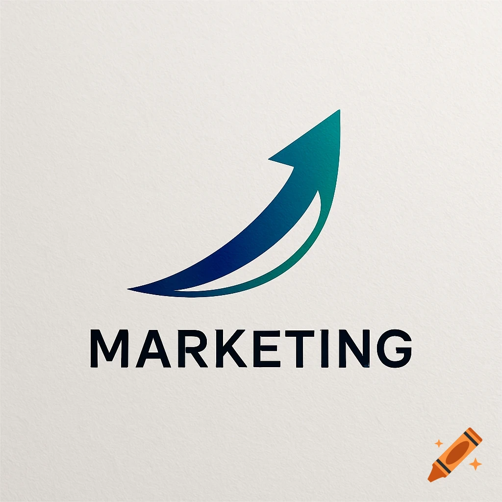 A logo featuring a blue and green upward-curving arrow above the word 'MARKETING' on a textured white background.