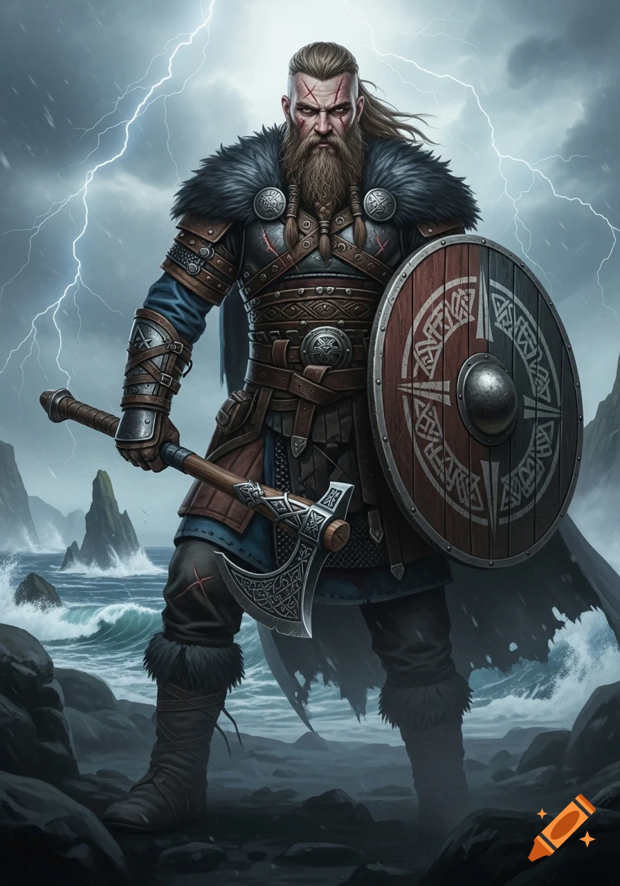 A fierce Viking warrior with a beard and scars stands holding an axe and shield on a stormy, rocky coastline with lightning in the sky.