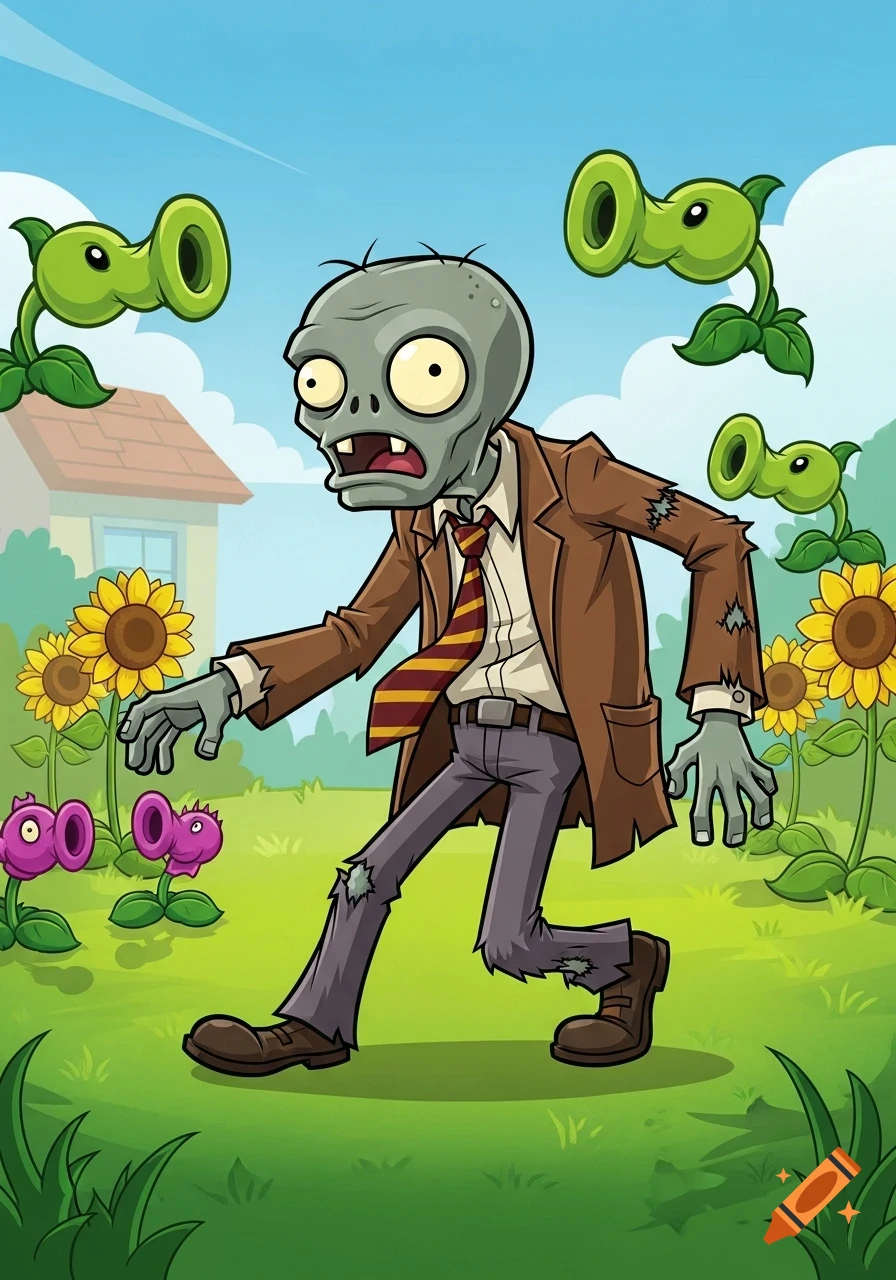 A cartoon zombie in a brown suit walks through a green lawn with peashooter plants and sunflowers, a house in the background.