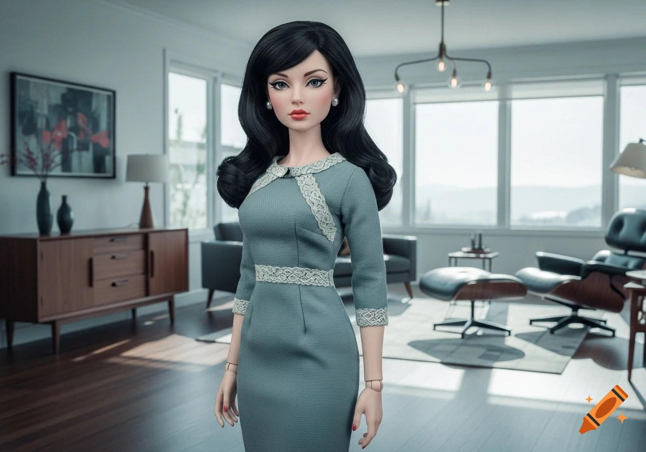 Photorealistic image of a ball-jointed doll with black hair in a grey-blue dress with lace, standing in a modern living room.