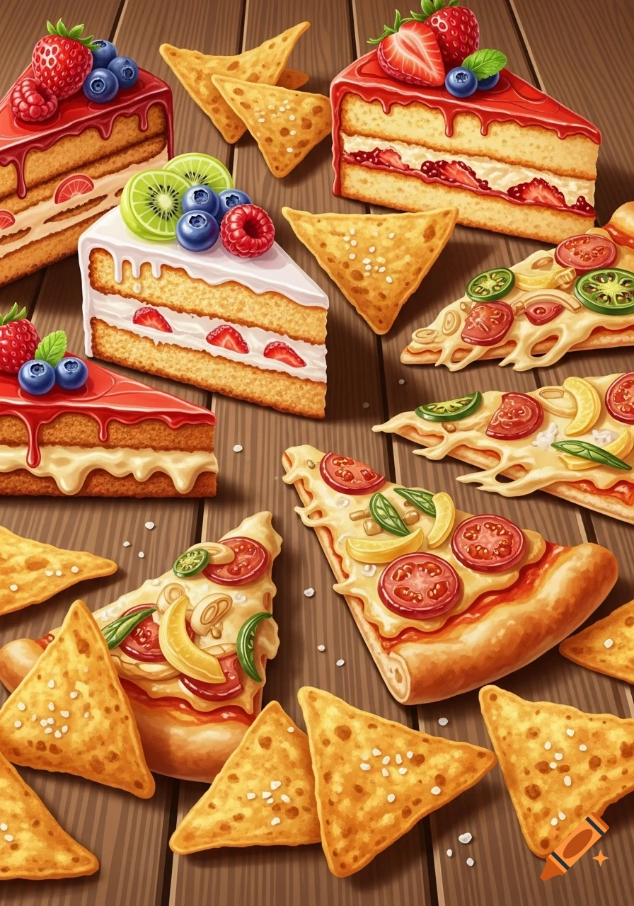 An overhead view of various food items including cake slices topped with berries, pizza slices with tomatoes and other toppings, and triangle tortilla chips, all arranged on a wooden table. The style is a colorful, detailed illustration.