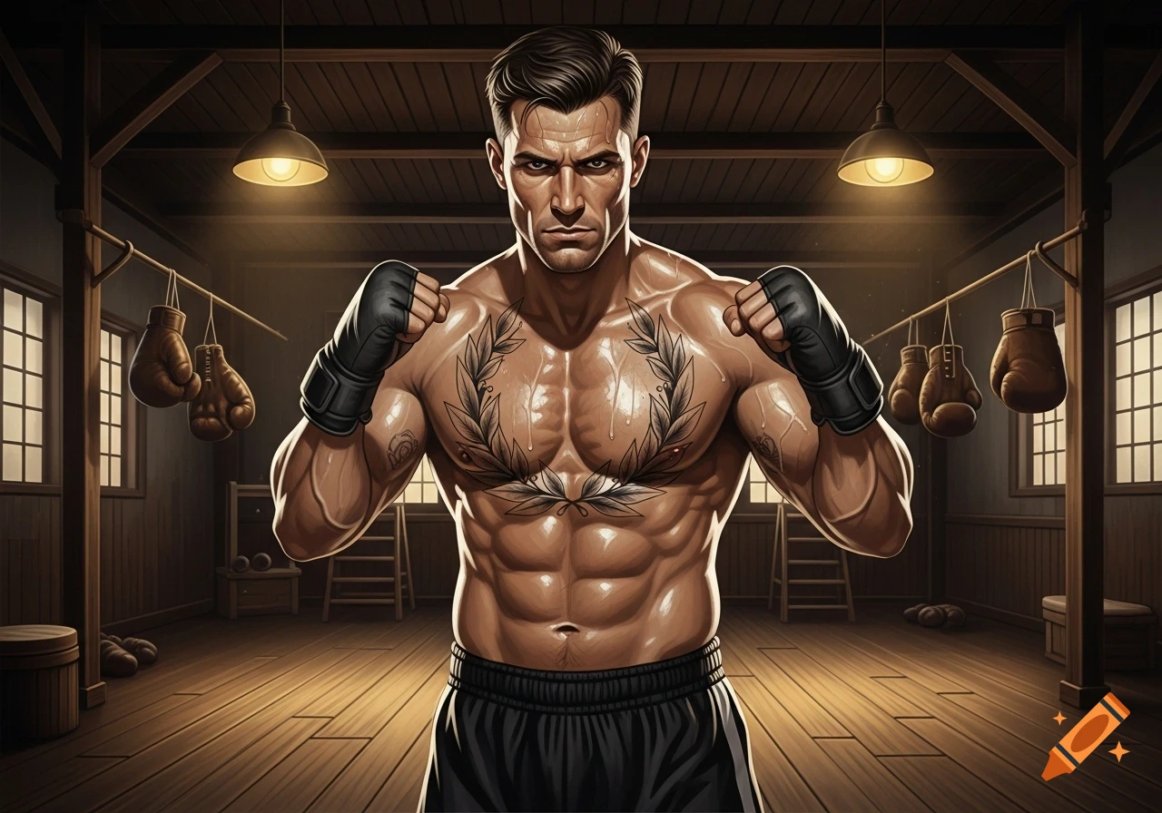Muscular boxer with a laurel wreath chest tattoo and boxing gloves poses in a dimly lit gym.