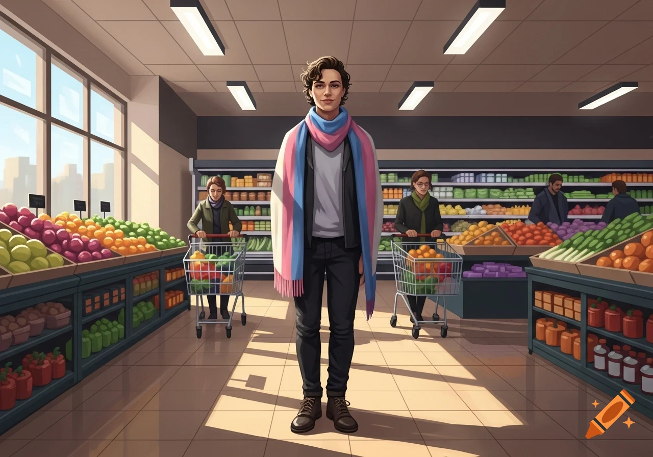 An illustrated person wearing a pink, blue, and white scarf stands in the middle aisle of a grocery store.