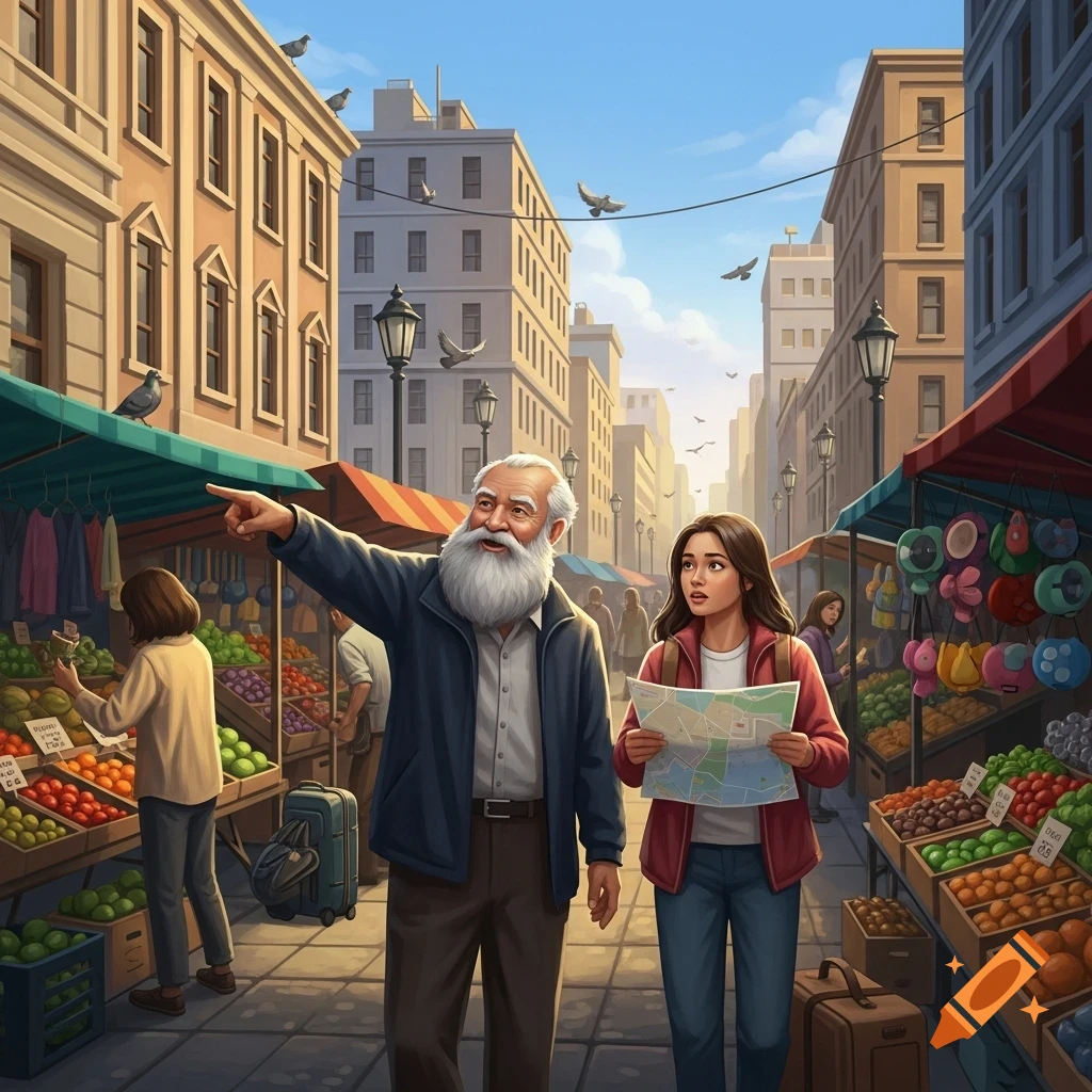 An old man points directions to a young woman holding a map in a bustling street market, surrounded by fruit stalls and buildings.