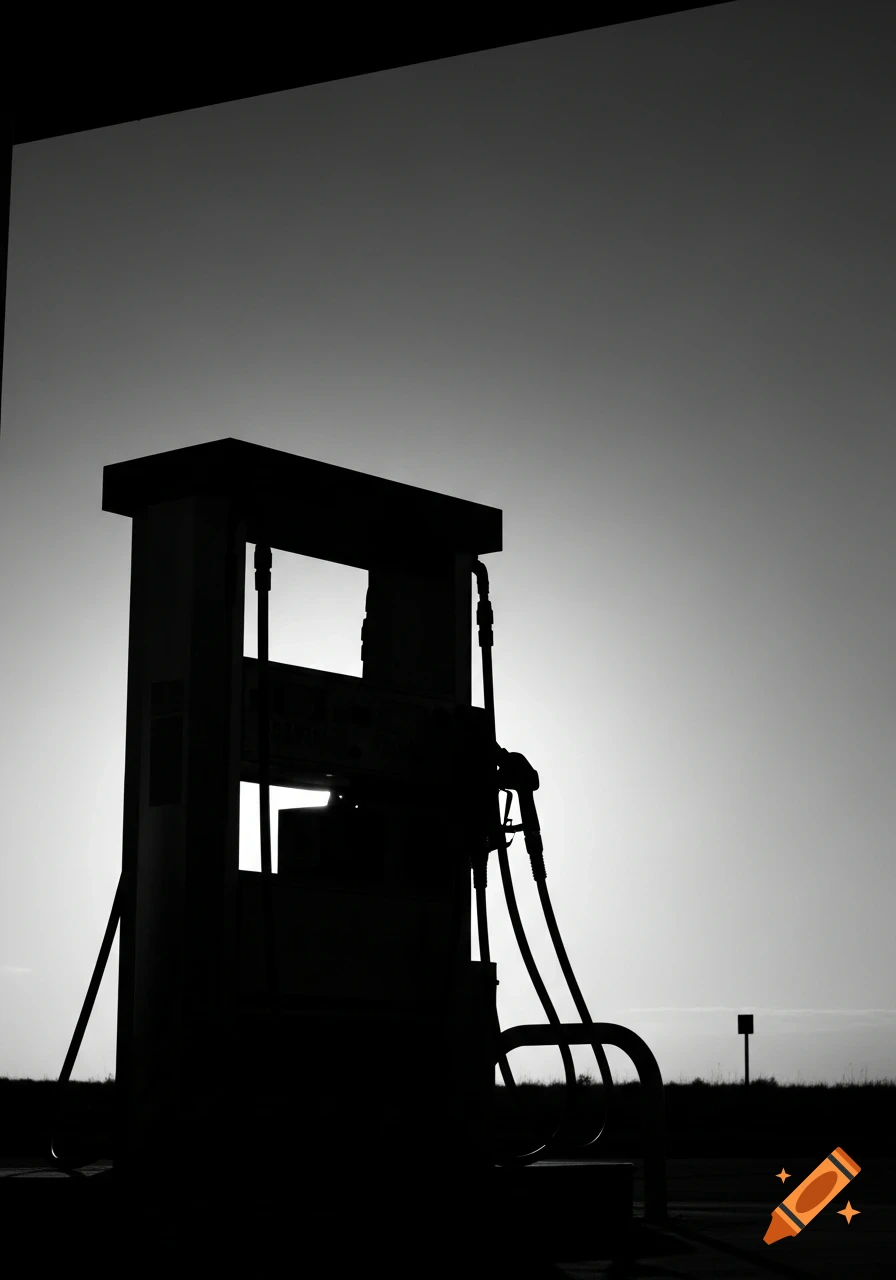 Black and white silhouette of a gas pump and nozzles against a bright, hazy sky.