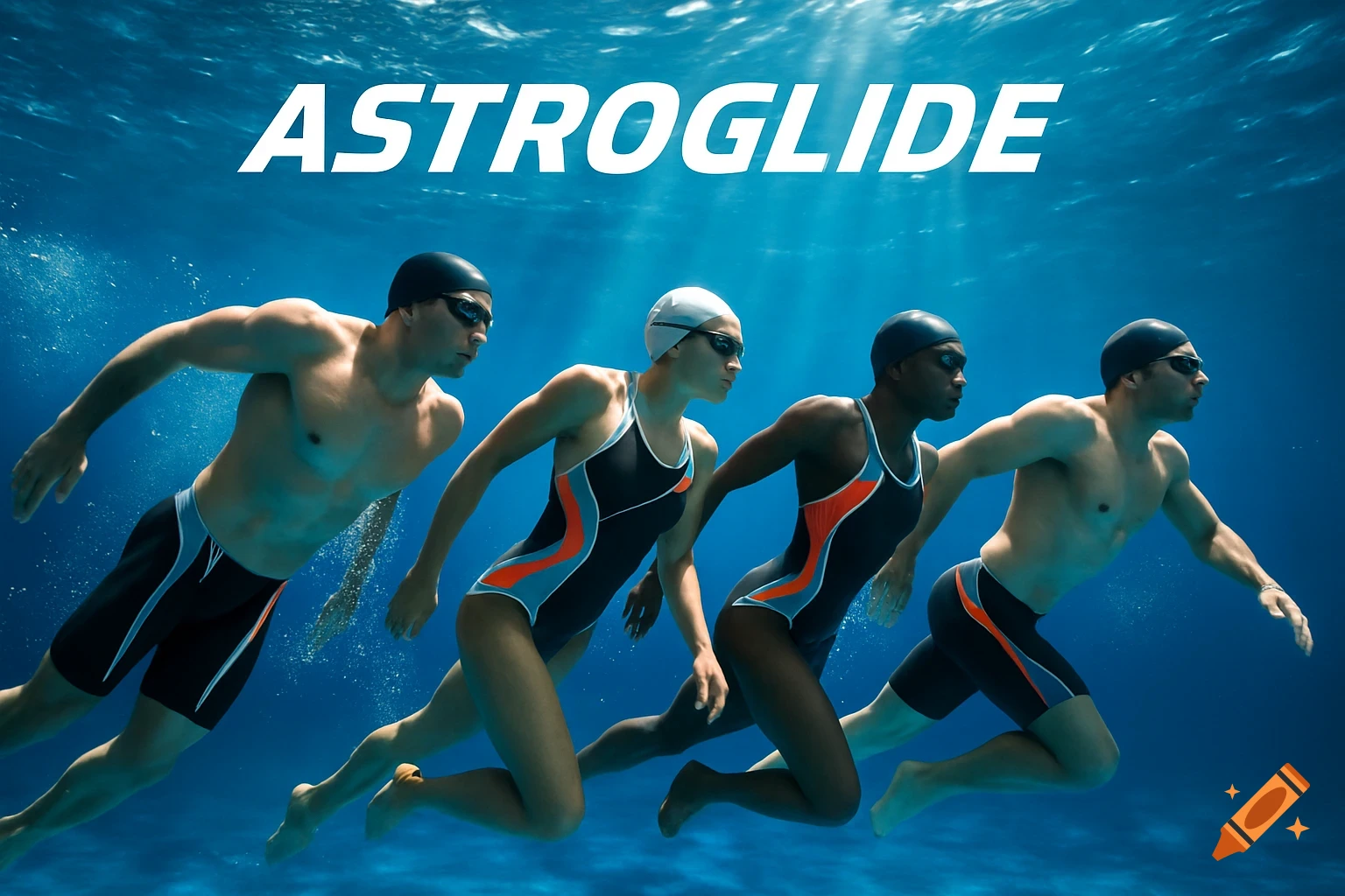 Four diverse swimmers, two men and two women, glide underwater in a photorealistic advertisement with the text 'ASTROGLIDE' at the top.