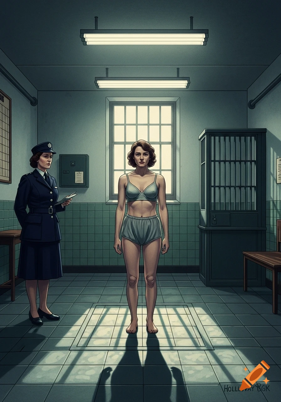 An illustration of a woman in prison underwear being observed by a female officer in a prison receiving room from 1950s England.