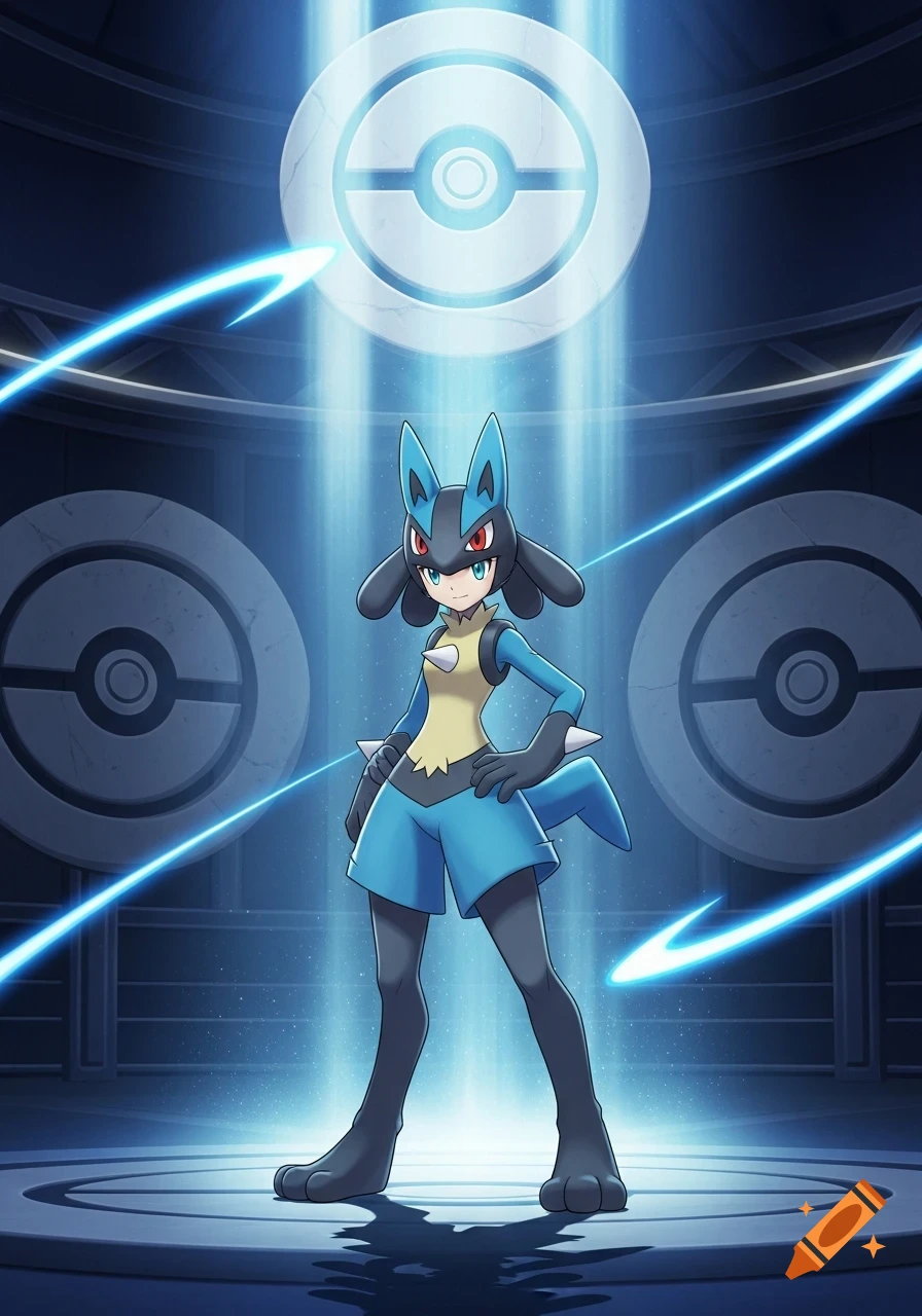 A character resembling Bea from Pokemon, dressed in a Lucario costume, stands in a glowing arena with Poké Ball symbols.