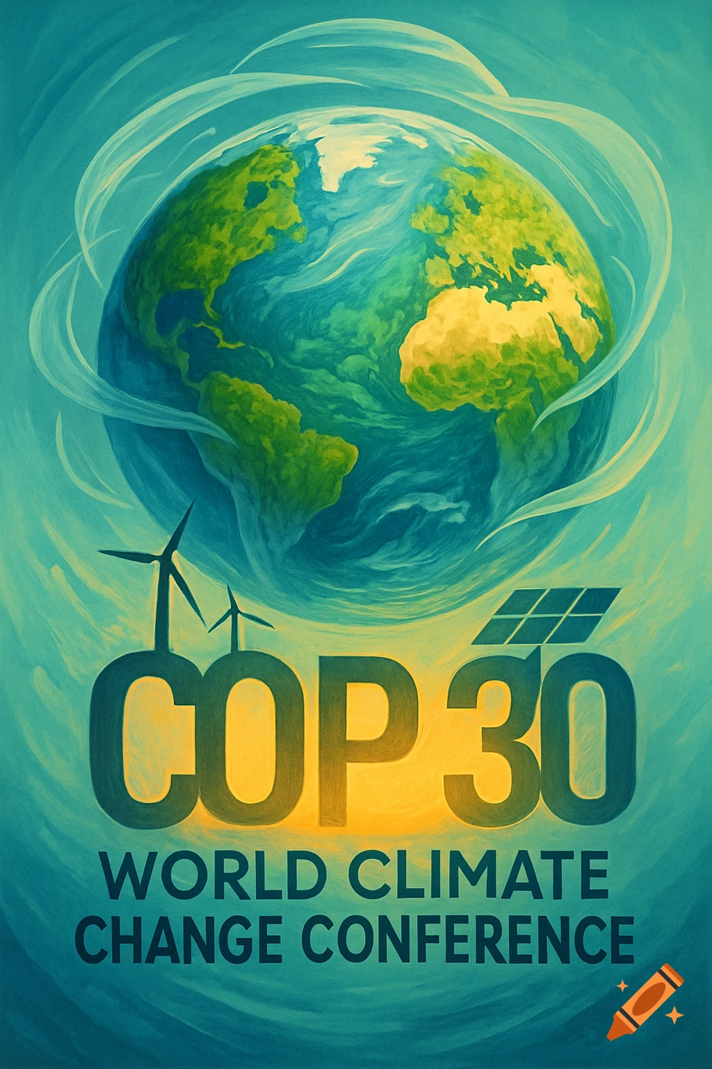 A vibrant, illustrative poster for COP 30 World Climate Change Conference, depicting Earth, wind turbines, and solar panels.
