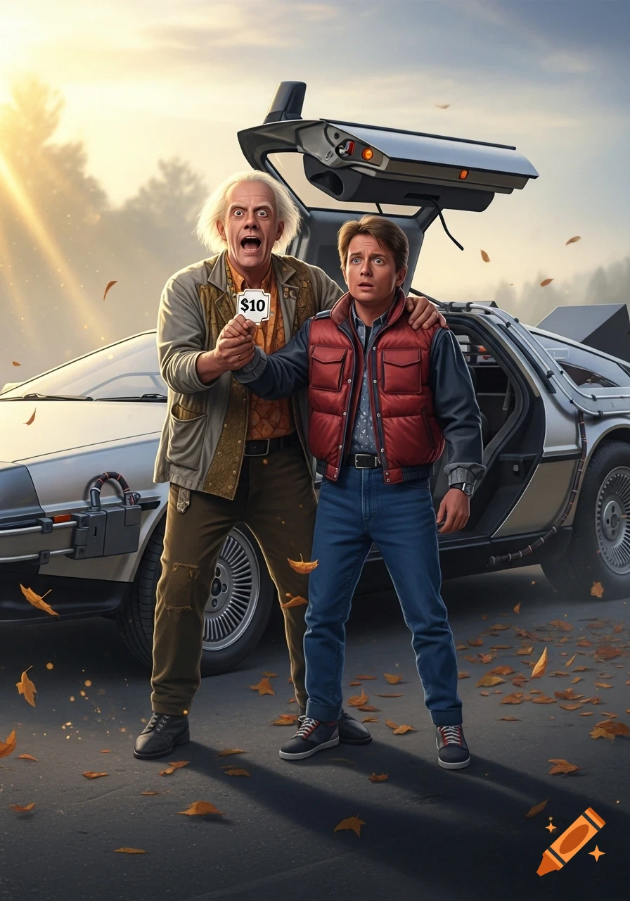 Doc Brown excitedly holds a '10' sign next to a shocked Marty McFly, with the DeLorean behind them against a sunset sky.