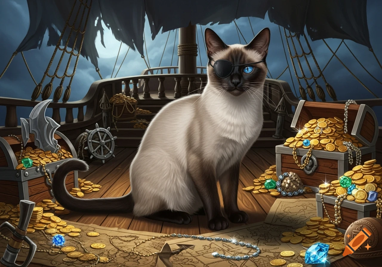 A Siamese cat with a black eyepatch sits on a pirate ship deck amidst piles of gold coins and treasure chests, in a detailed illustration.