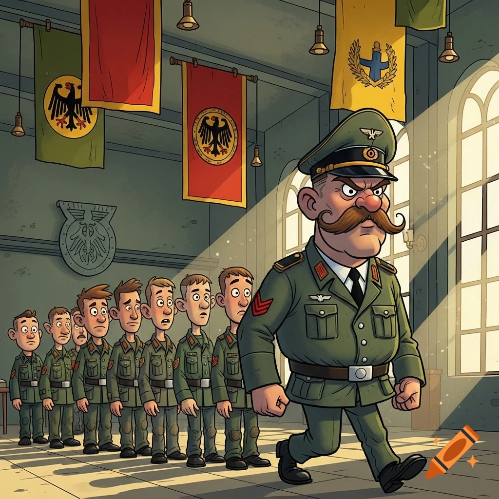 A cartoon of a stern military officer with a mustache marching past a line of anxious soldiers in a hall with flags.
