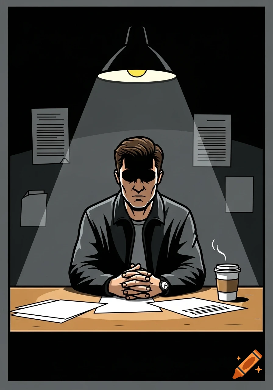A man with a shadowy face sits at a desk with clasped hands under a lamp, with papers and a coffee cup, in Archer TV show style.