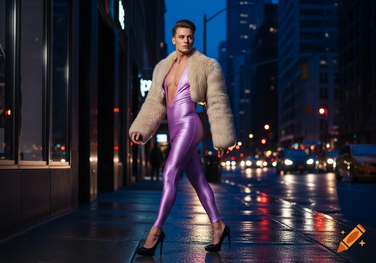 A striking young man in a shiny lavender catsuit, a cropped fur coat, and stiletto heels walks on a wet city sidewalk at night.