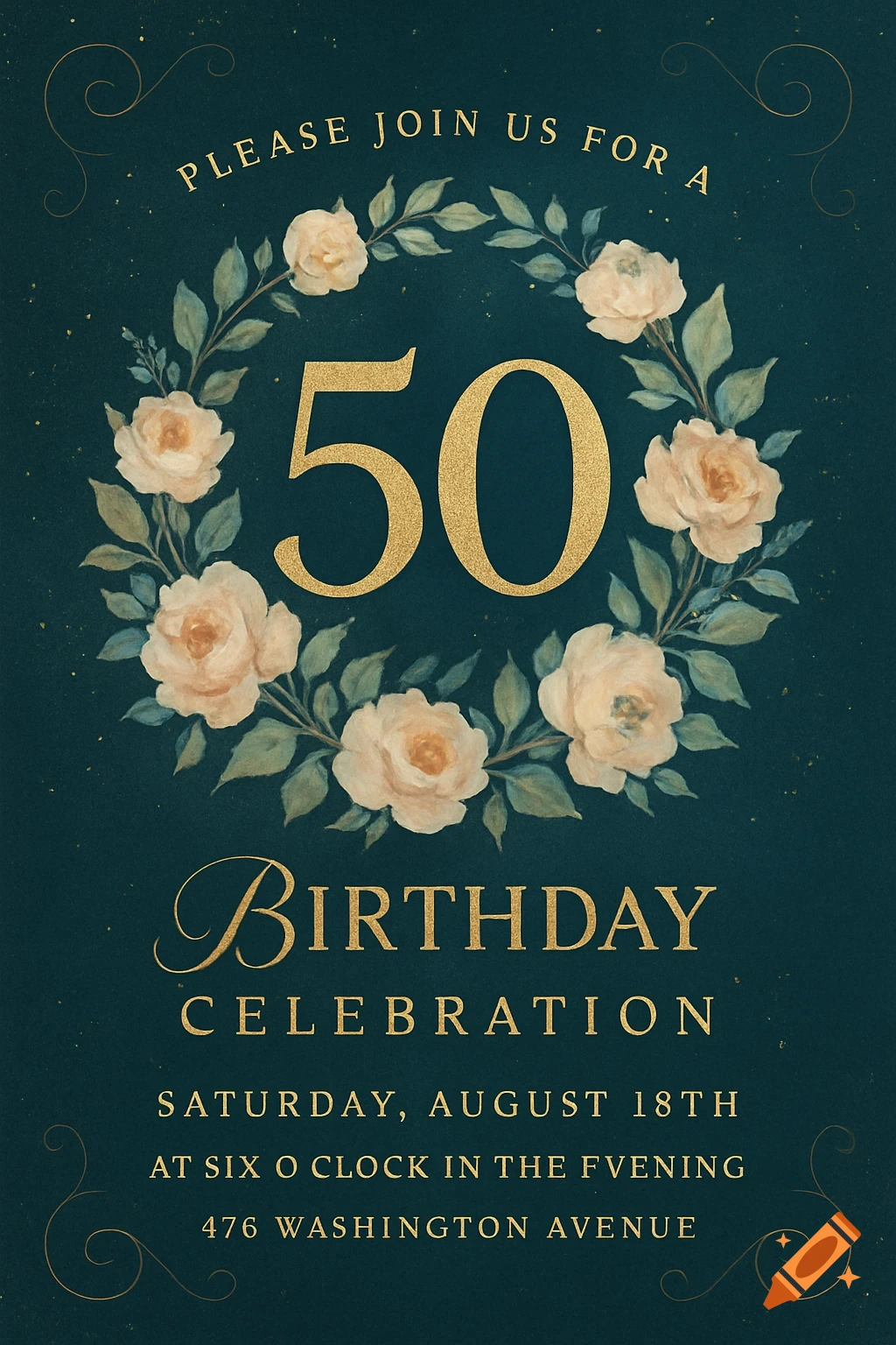 Elegant 50th birthday invitation card with gold text and a floral wreath on a dark teal background.