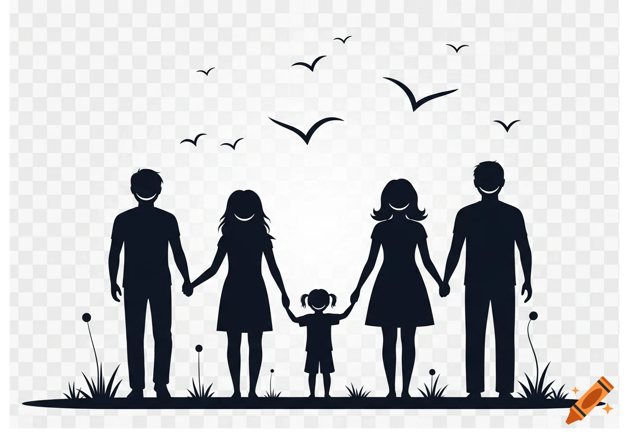 Silhouette of a family of four (two adults, two children) holding hands, standing on grass with birds flying above on a transparent background.