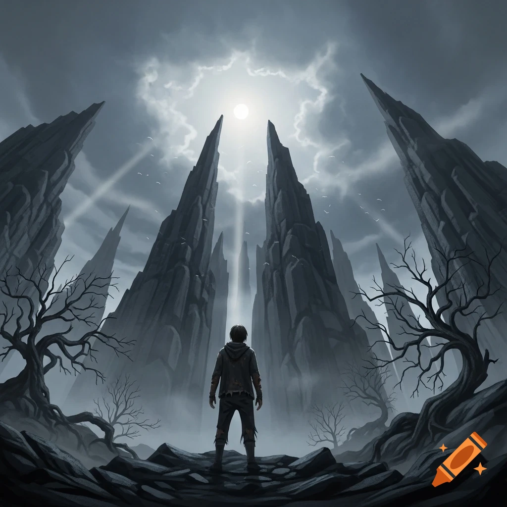A lone figure stands in a desolate, dark landscape looking up at towering spiky rock formations and a bright light in a cloudy sky, with bare trees.