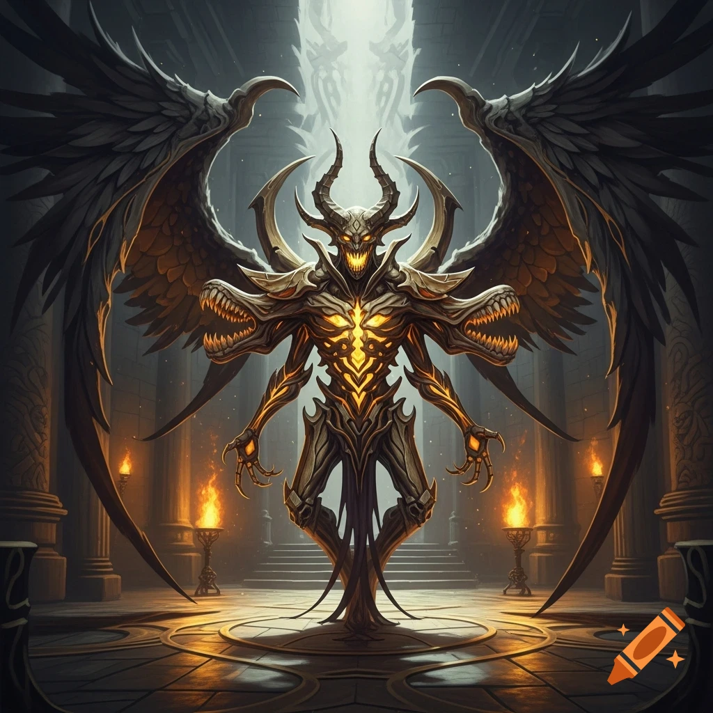 A multi-jawed demon idol made of bone and gold, with large writhing dark wings, stands in a gothic temple lit by torches.