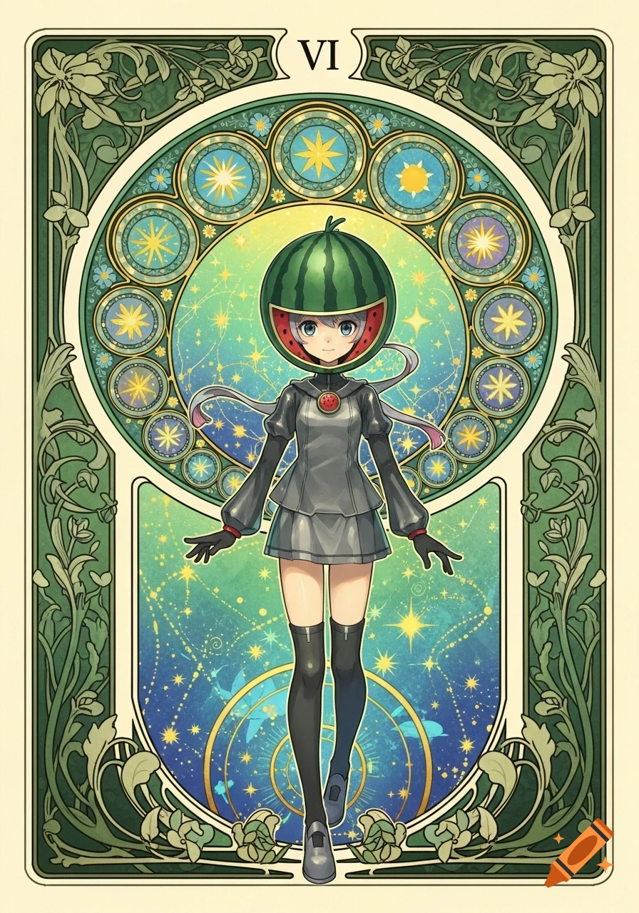 Anime girl with a watermelon helmet within an ornate green art nouveau tarot card frame.