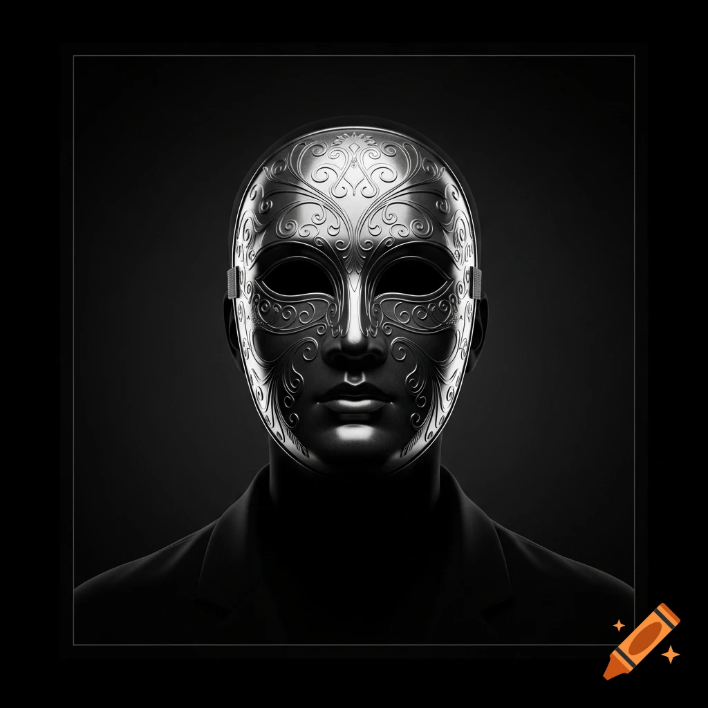 Close-up of a person wearing an ornate silver mask with intricate patterns against a dark background in monochrome.