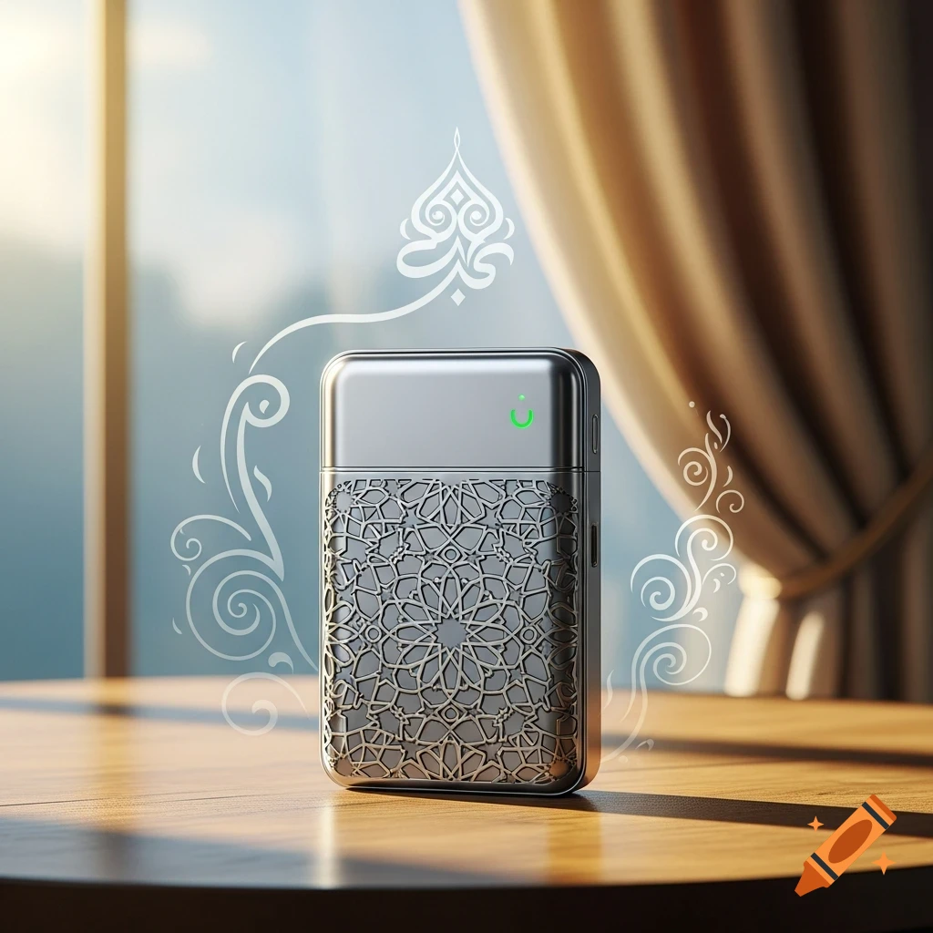 A sleek silver portable charger with an intricate Islamic geometric pattern rests on a wooden table, featuring a green light and decorative white swirls.