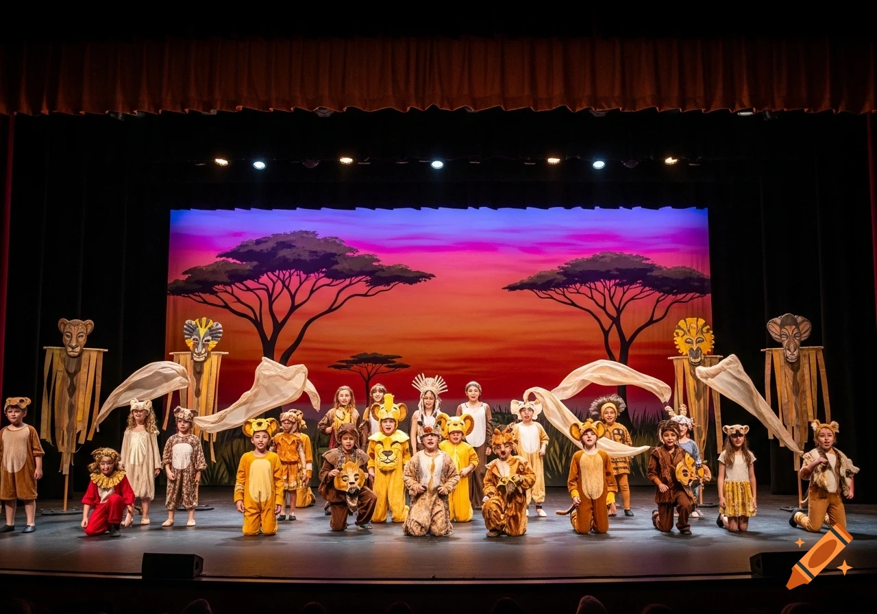 Kids in animal costumes perform on a stage with a sunset savanna backdrop for a Lion King Jr. production.