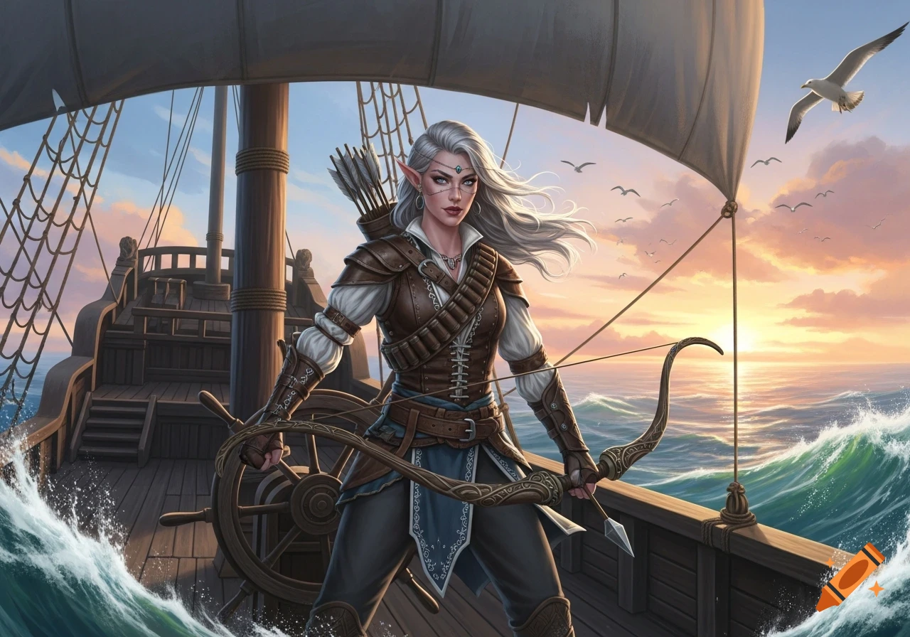 A female elf ranger stands on a pirate ship at sunset, holding a bow, with rough seas and seagulls.