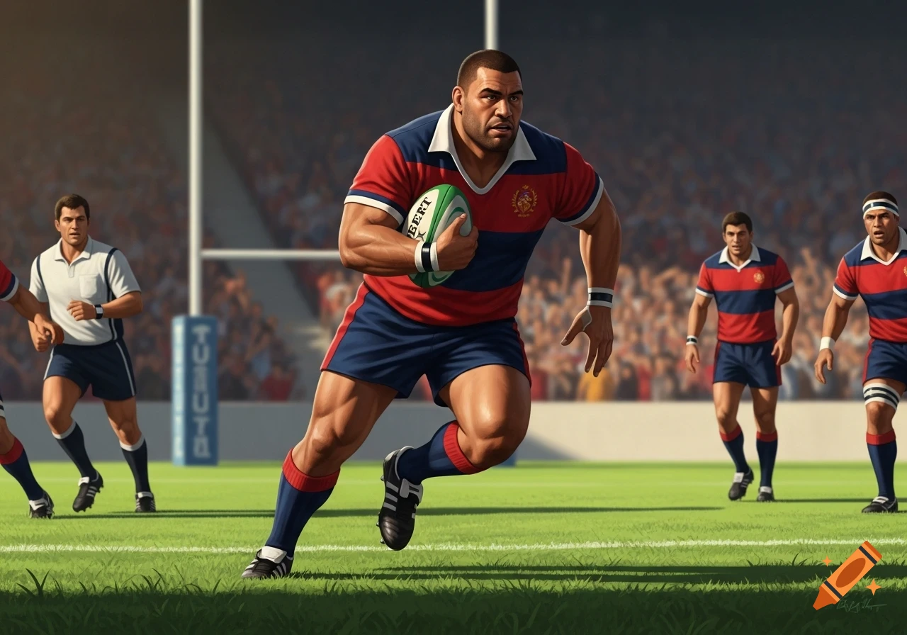 Muscular rugby player in red and blue uniform runs with a ball on a green field, stadium and other players in the background.