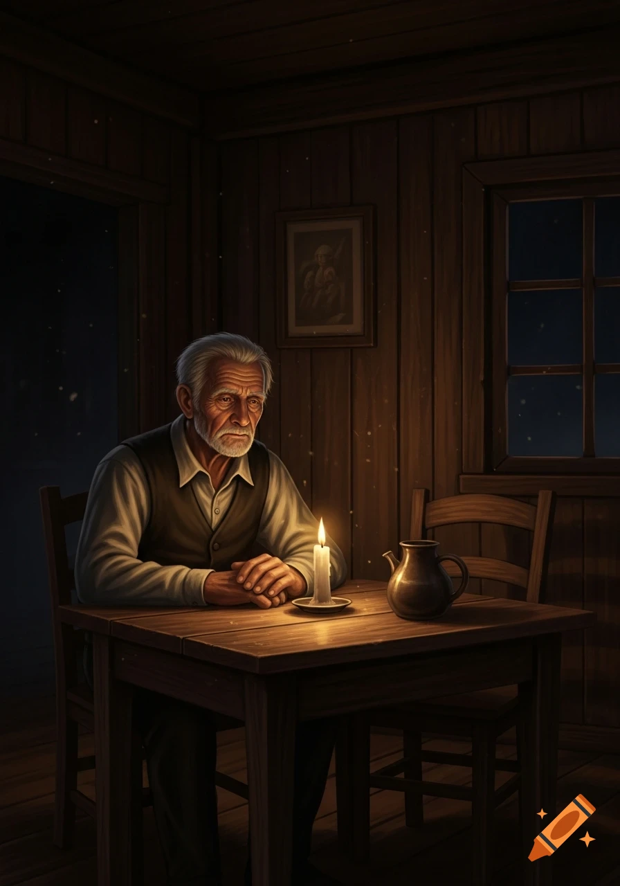 An old man with a grey beard sits thoughtfully at a dark wooden table, illuminated only by a single burning candle in a rustic room.