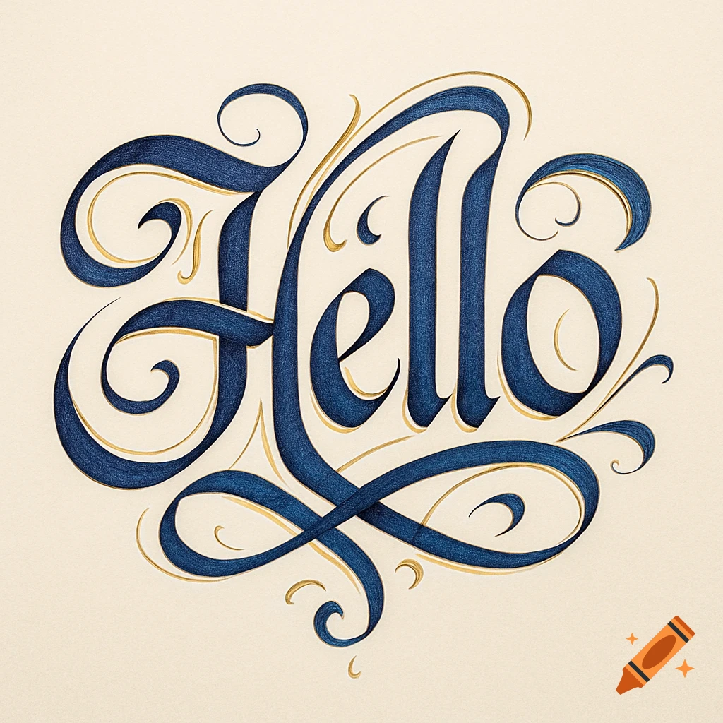Ornate blue and gold calligraphic script forming the word 'Hello' on a light beige background.