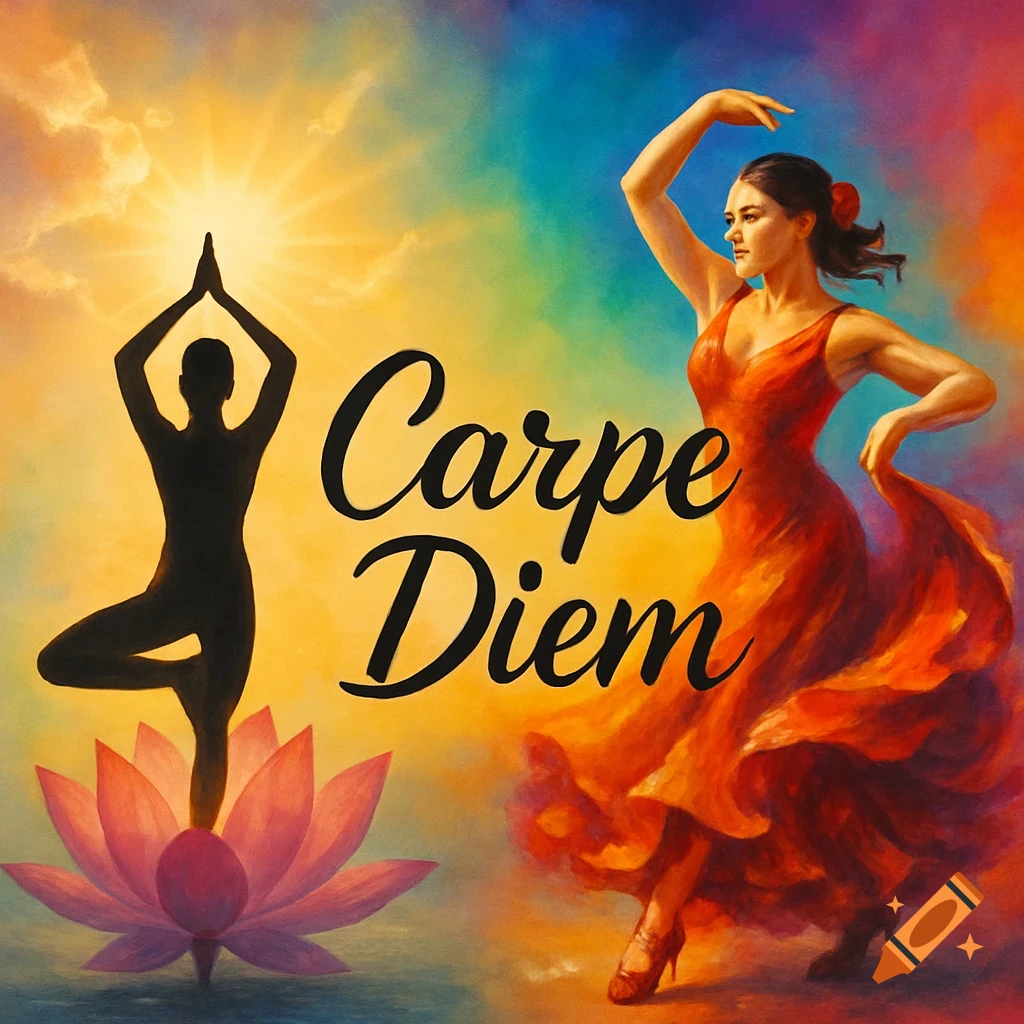 A vibrant, painterly image showing a yoga silhouette on a lotus, a flamenco dancer in a red dress, and 'Carpe Diem' text.