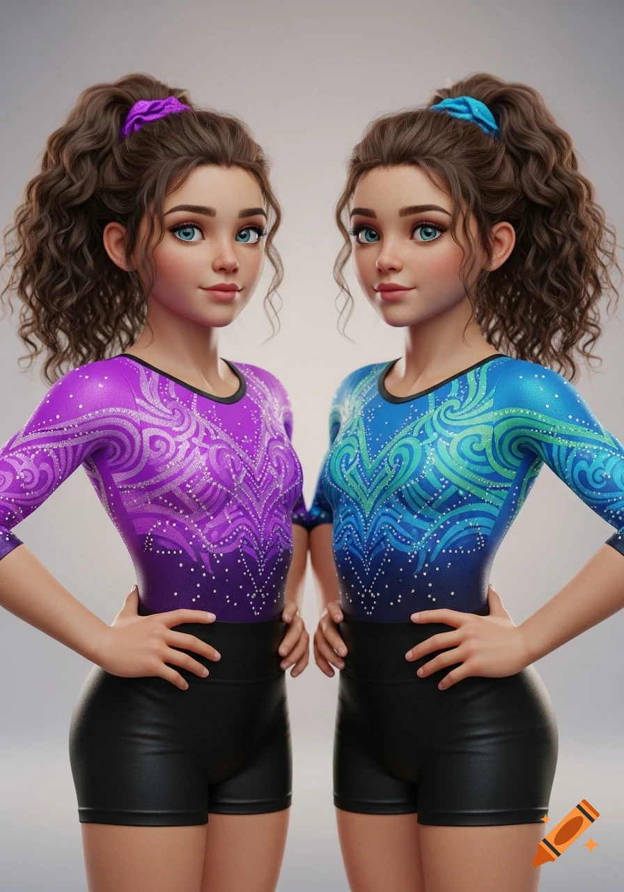 Two identical digital art girls in gymnastics leotards and black shorts, one purple, one blue-green, with curly ponytails.