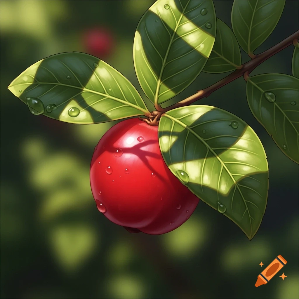 Stylized illustration of a vibrant red berry covered in water droplets, hanging on a branch with sunlit green leaves.